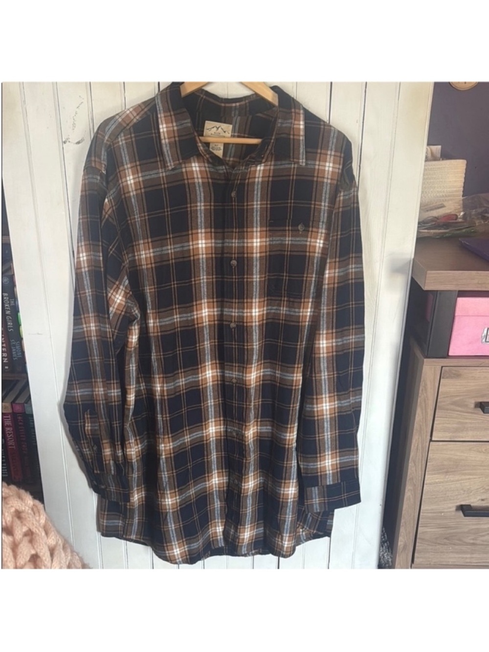 Blue Mountain Flannel Button Down Shirt Navy Blue Tan Size XLT